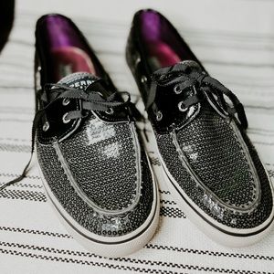 Sperry brand, black sequin loafers.